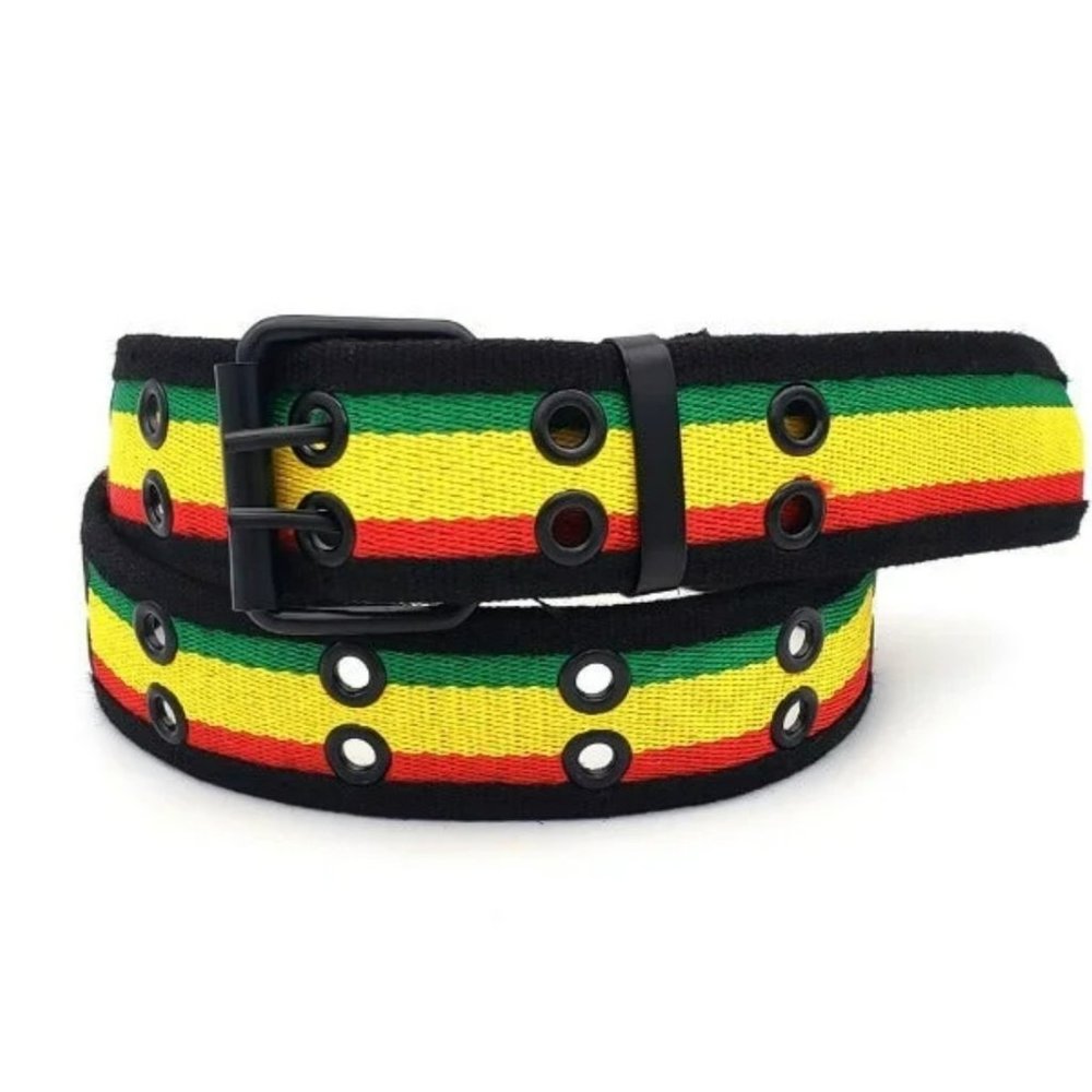Rasta Stripe Double-Grommet Canvas Belt - Black Trim